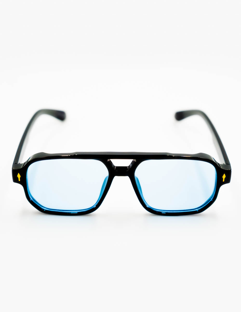 Black-framed glasses with blue-tinted lenses on a white background