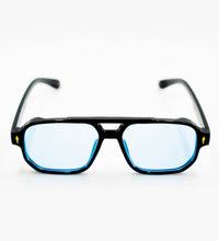 Black-framed glasses with blue-tinted lenses on a white background