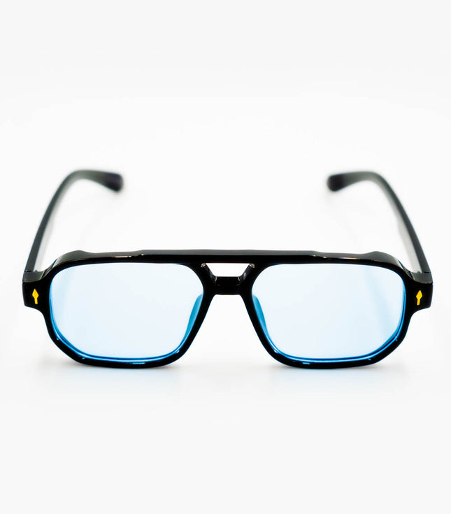 Black-framed glasses with blue-tinted lenses on a white background